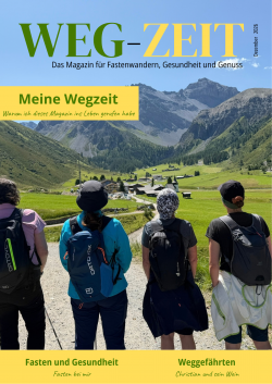 «Cover des Magazins WEG-ZEIT, Dezember 2026. Vier Frauen wandern gemeinsam durch eine eindrucksvolle Schweizer Berglandschaft. Das Magazin für Fastenwandern, Gesundheit und Genuss.»